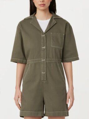Frank And Oak Utility Romper Olive Green Contrast Stitch Camp Collar Size S